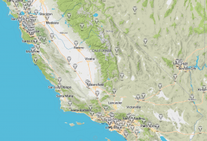 a map showing the location of Supercharger stations in California